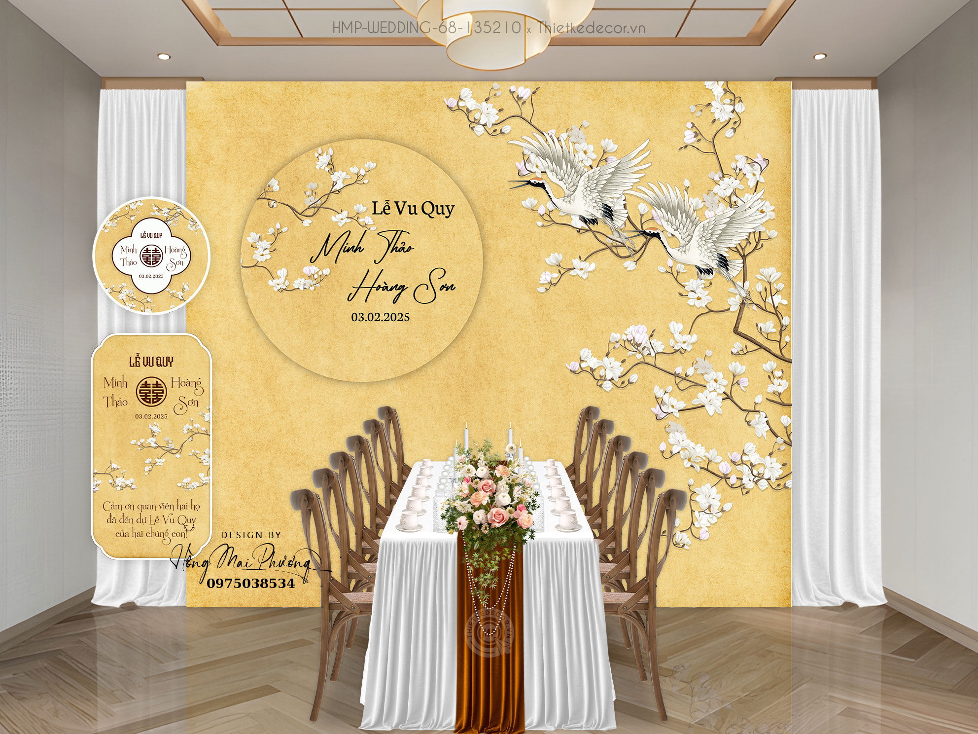 Gia tiên tone nền loang vintage họa tiết cành hoa trắng cùng đôi chim hạc, kèm tem nước và tag bàn